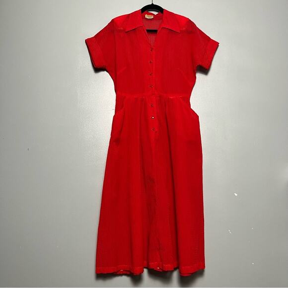 Gail Whitney Dresses & Skirts - Vintage 1940s Gail Whitney Button Up Midi Dress Sheer Textured Cherry Red